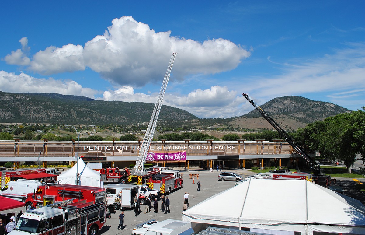 Fire engines in convention centre parking lot in Penticton
